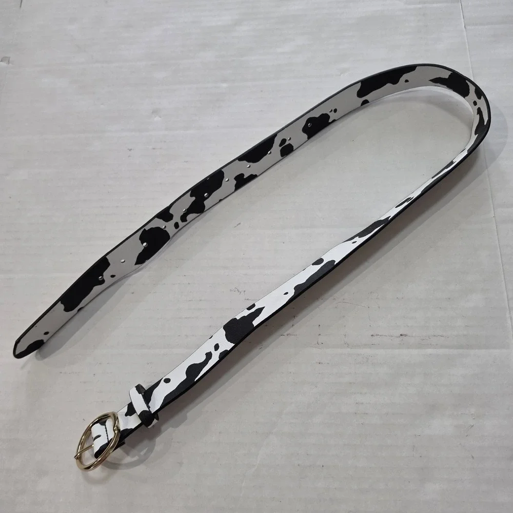 Women's Cow Print Cowgirl Black And White Belt Gold Buckle Western 39